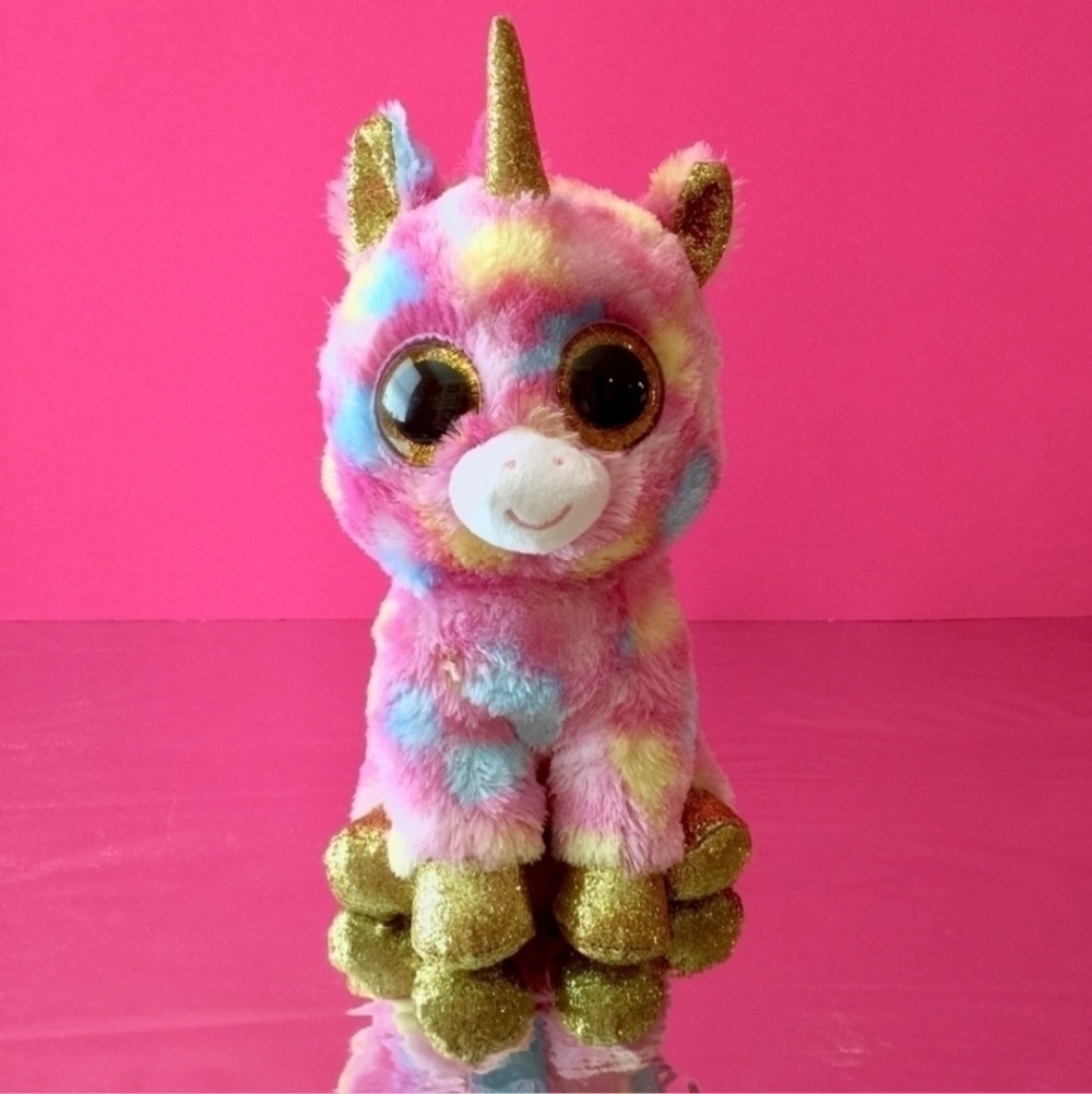 TY Fantasia Pink Blue Yellow Spotted Unicorn Sparkle Eyes Gold Horn Hoof 10" EUC